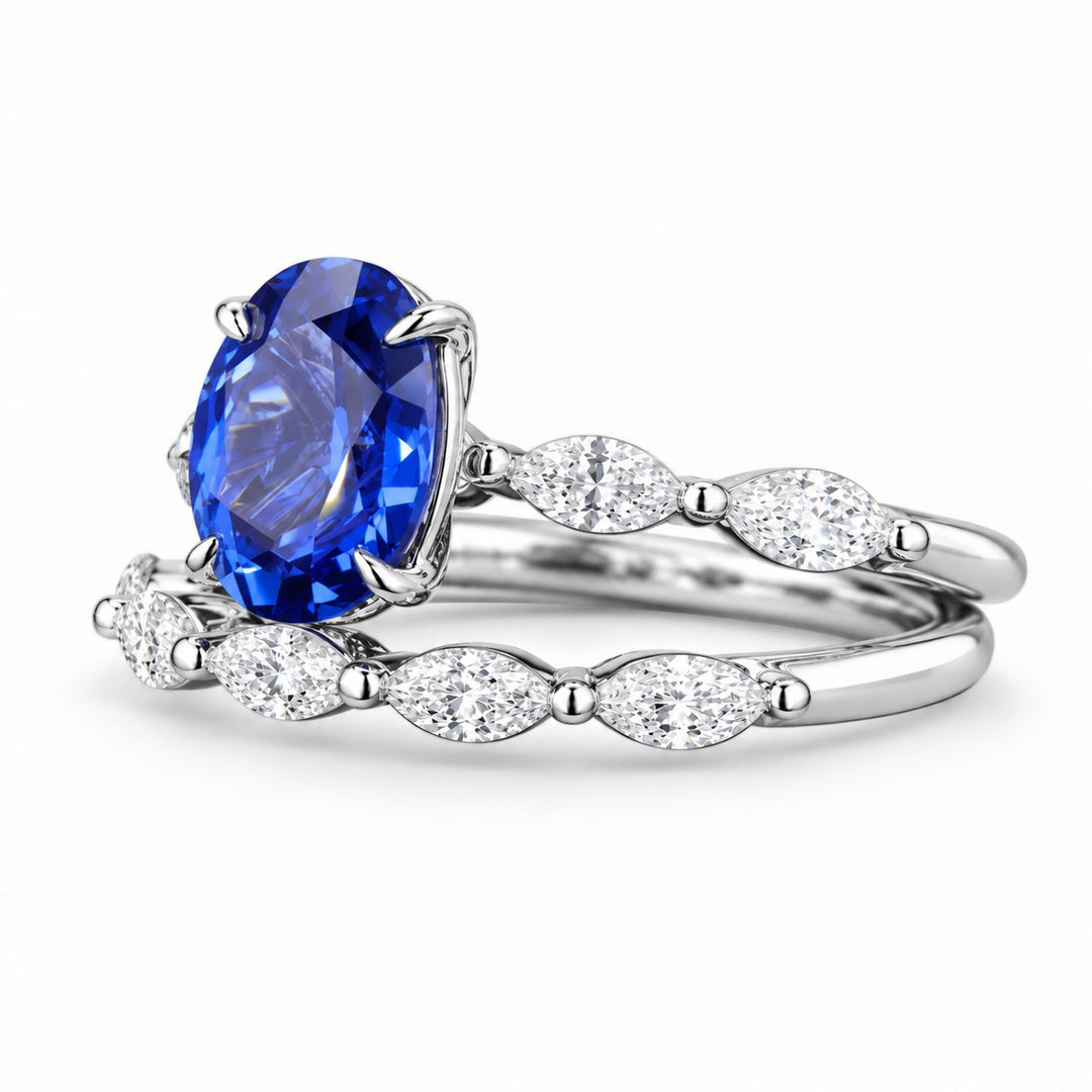 The Maeve Set oval lab sapphire ring and band in 14K white gold, angled view
