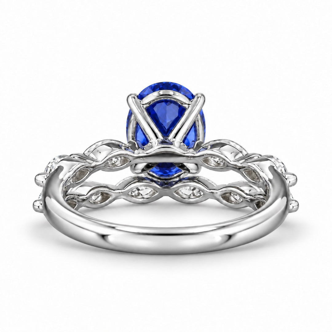 The Maeve Set oval lab sapphire ring and band in platinum, back view