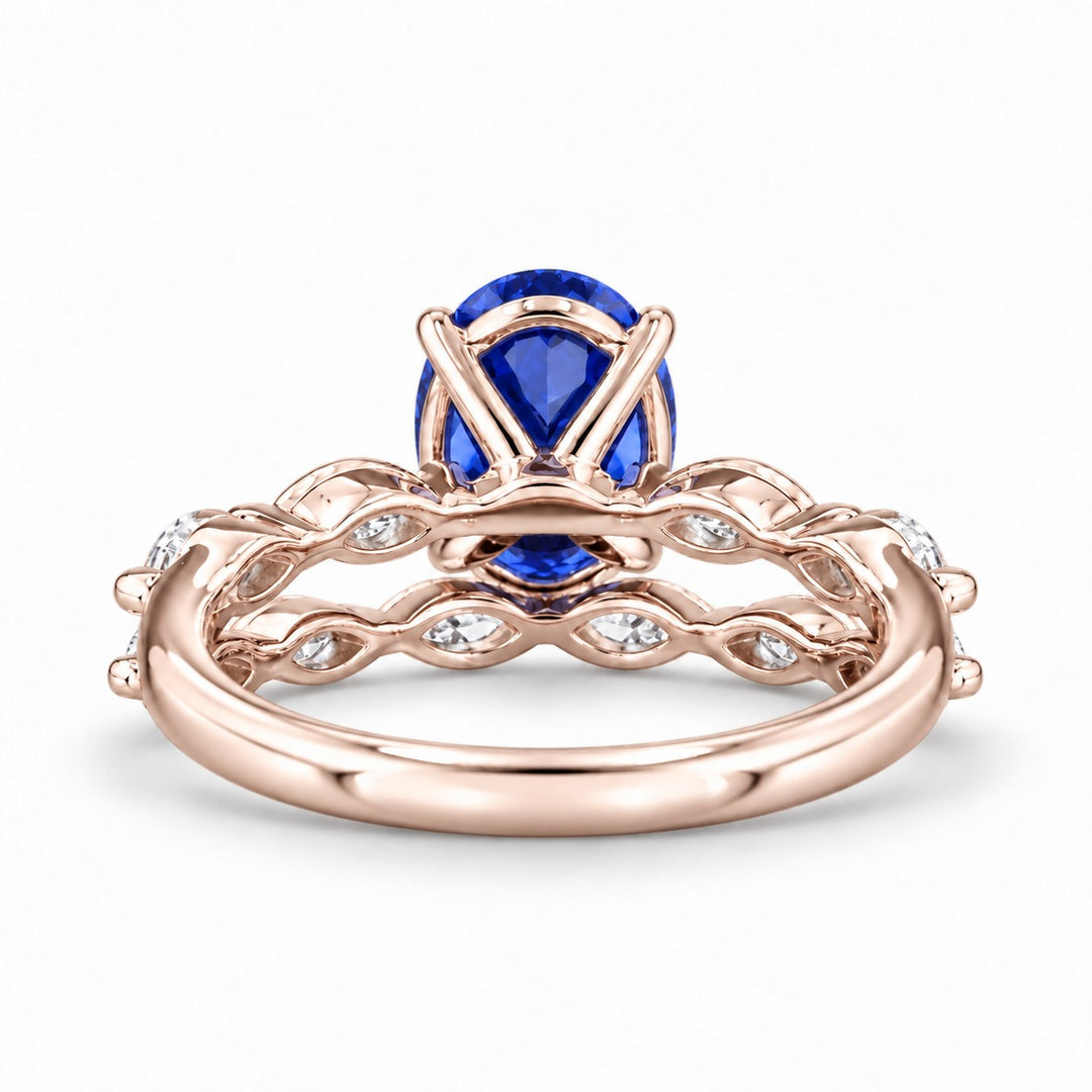 The Maeve Set oval lab sapphire ring and band in 14K rose gold, back view