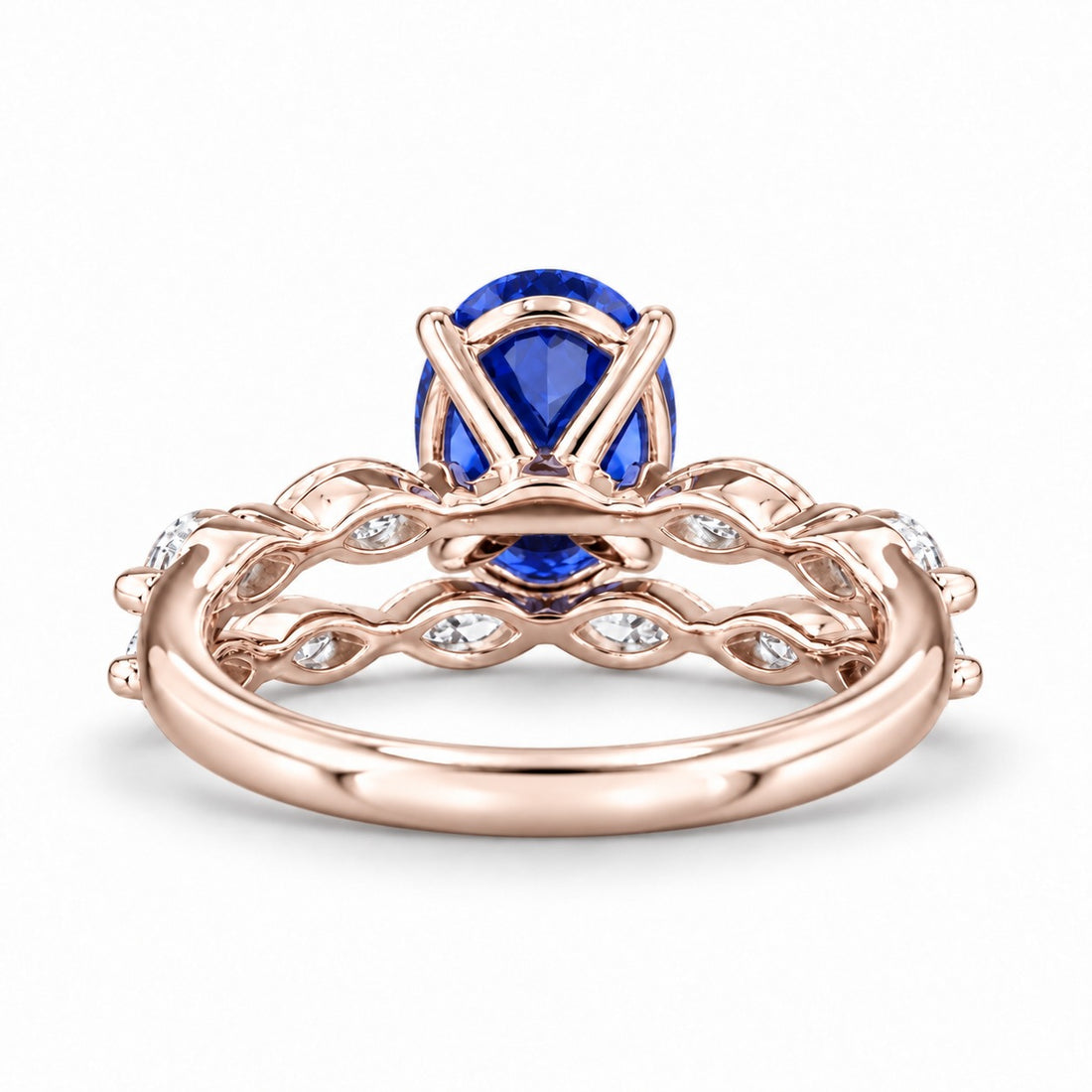 The Maeve Set oval lab sapphire ring and band in 14K rose gold, back view