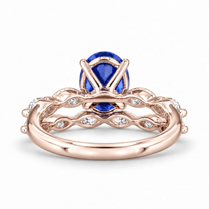 The Maeve Set oval lab sapphire ring and band in 14K rose gold, back view