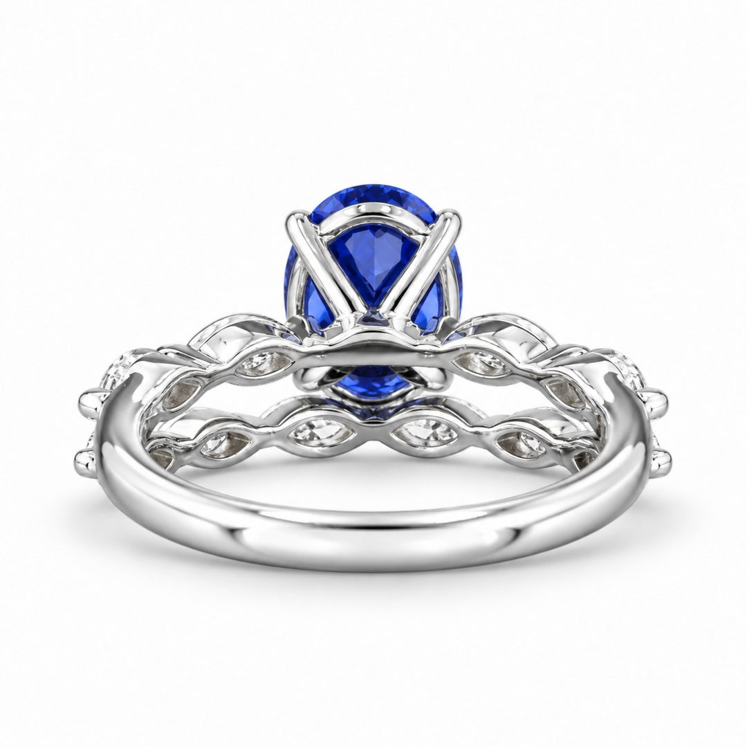 The Maeve Set oval lab sapphire ring and band in 14K white gold, back view