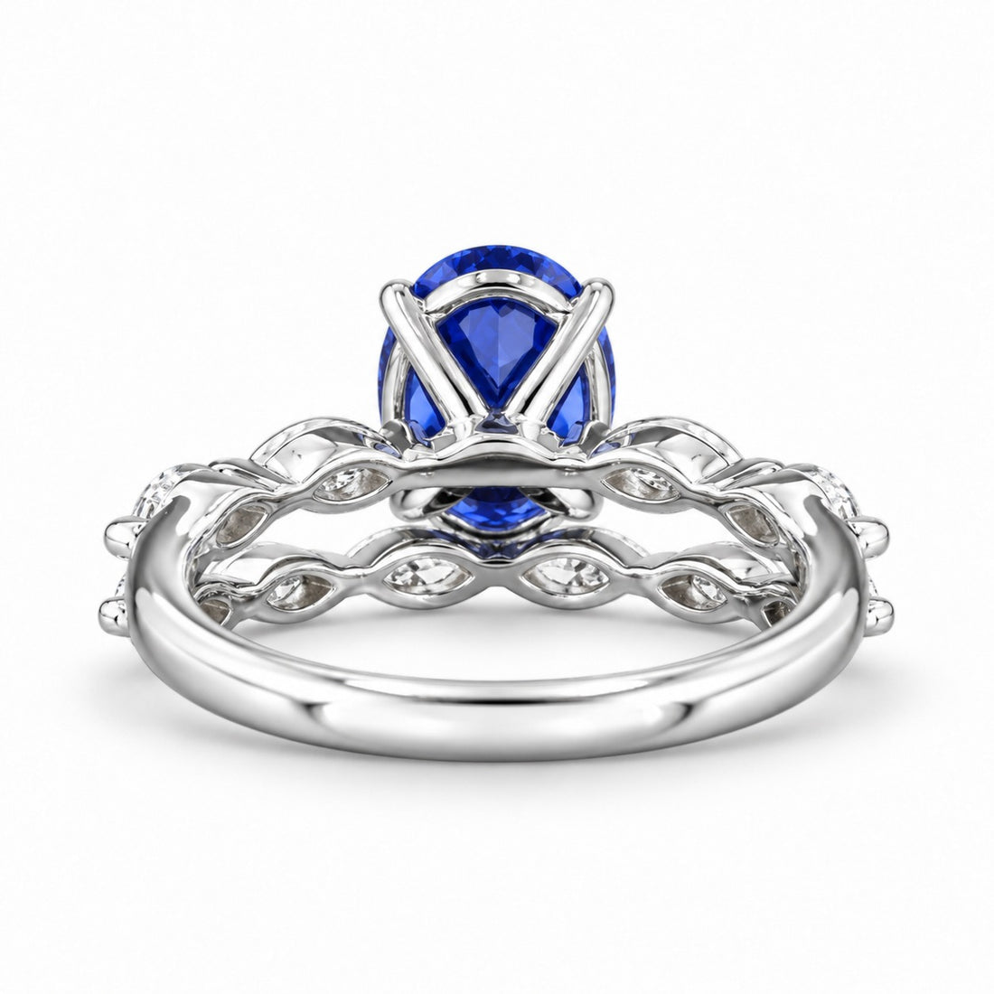 The Maeve Set oval lab sapphire ring and band in 14K white gold, back view