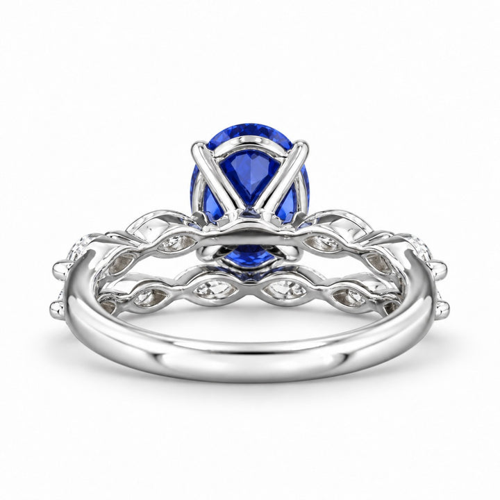The Maeve Set oval lab sapphire ring and band in 14K white gold, back view