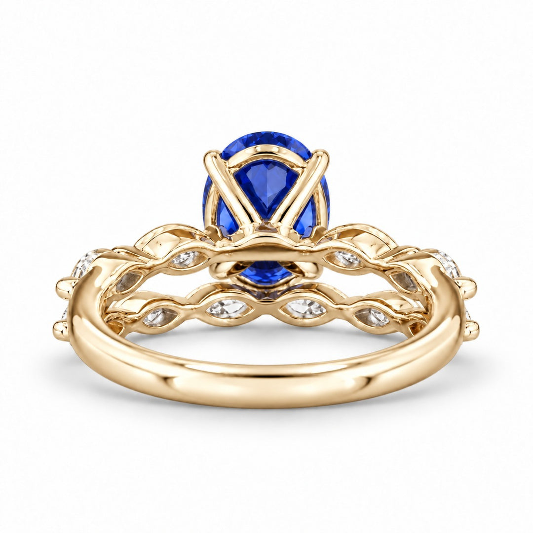 The Maeve Set oval lab sapphire ring and band in 14K yellow gold, back view