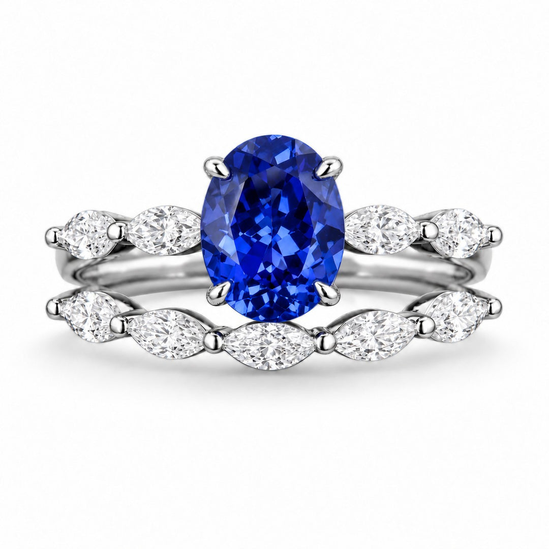 The Maeve Set — Blue Oval Sapphire 5-Stone Ring with Marquise Stacking Band in platinum, front view