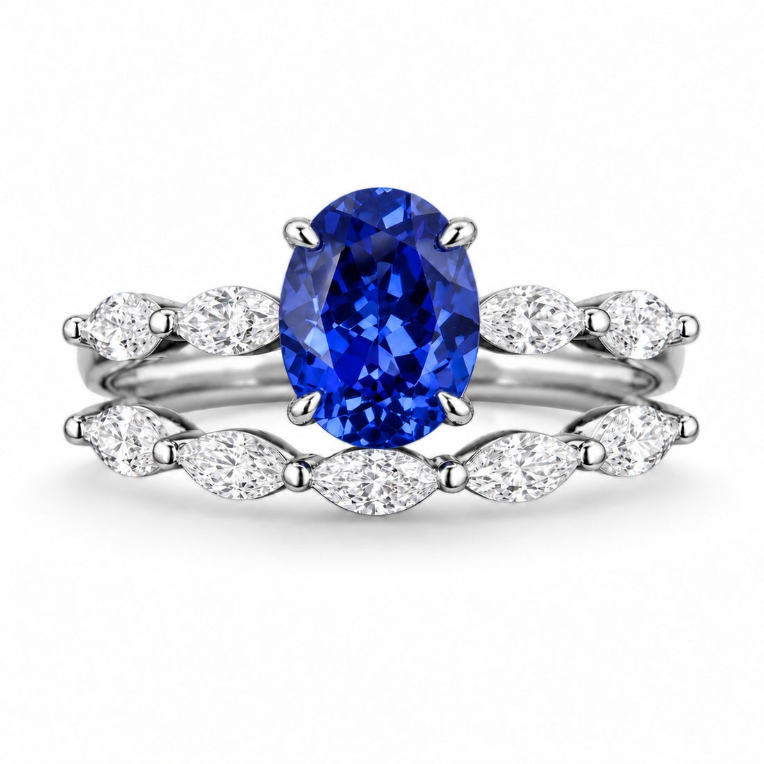 The Maeve Set — Blue Oval Sapphire 5-Stone Ring with Marquise Stacking Band in platinum, front view
