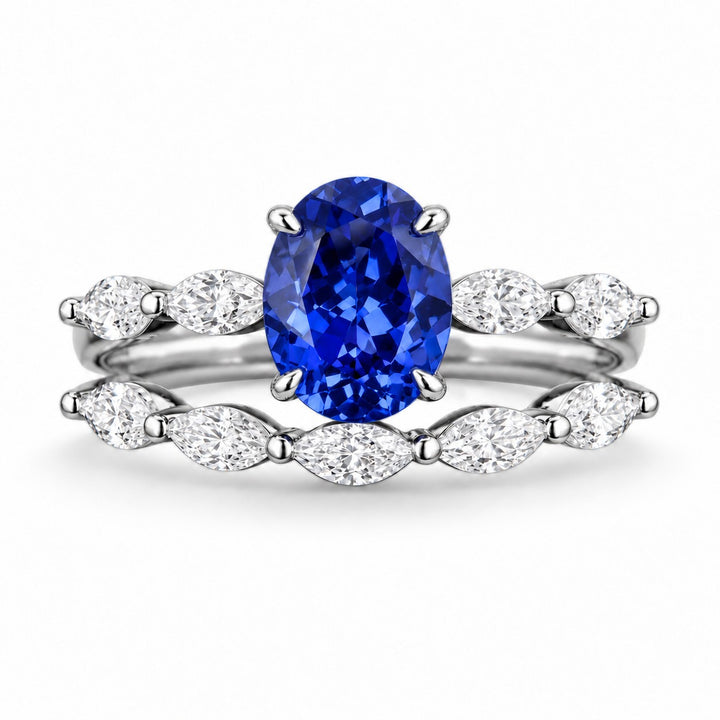 The Maeve Set — Blue Oval Sapphire 5-Stone Ring with Marquise Stacking Band in platinum, front view