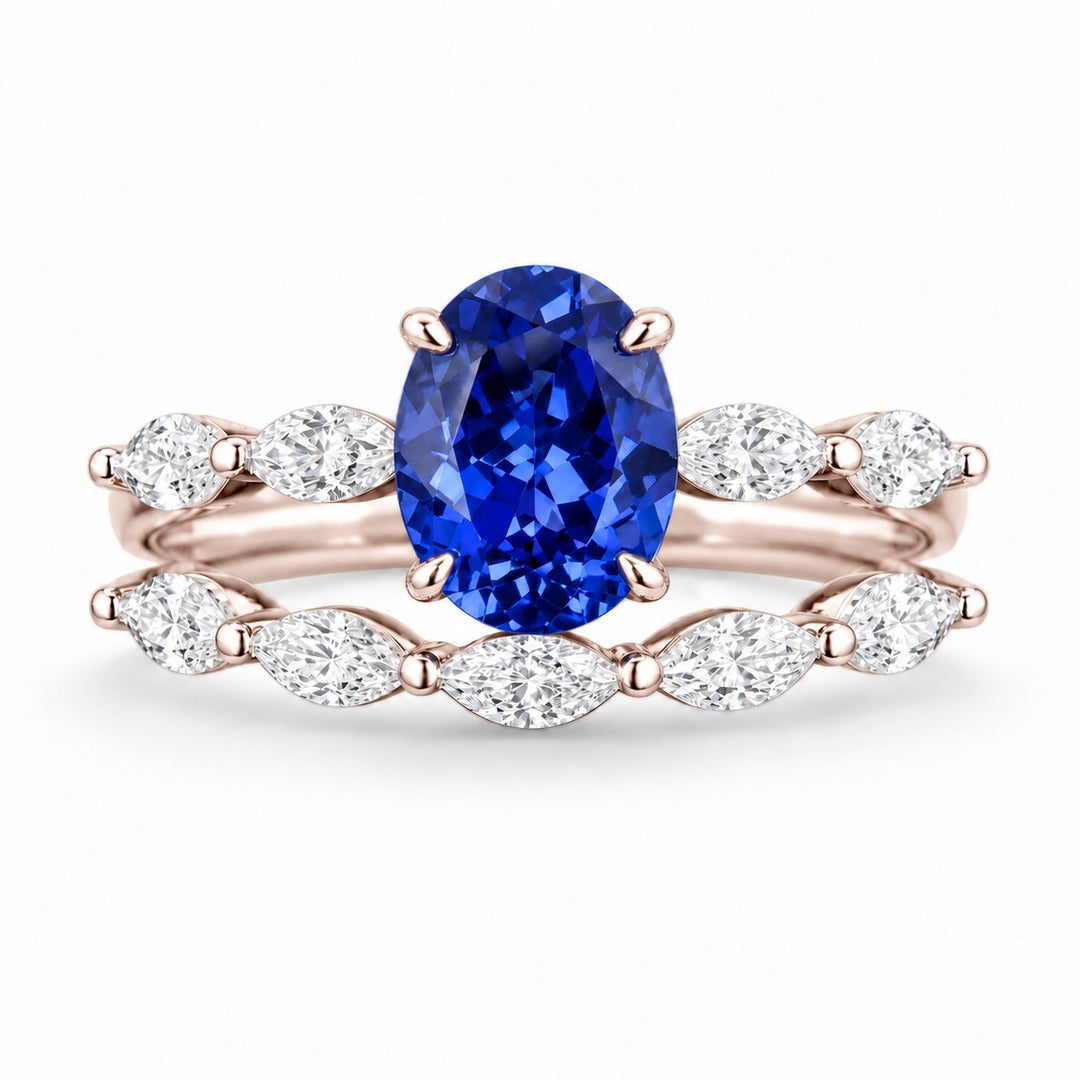 The Maeve Set — Blue Oval Sapphire 5-Stone Ring with Marquise Stacking Band in 14K rose gold, front view