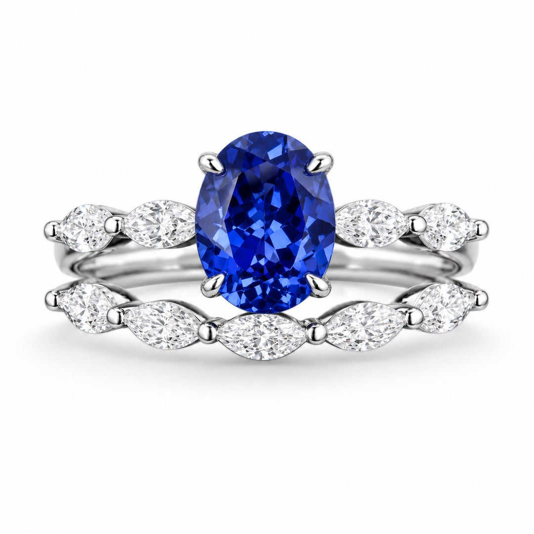 The Maeve Set — Blue Oval Sapphire 5-Stone Ring with Marquise Stacking Band in 14K white gold, front view