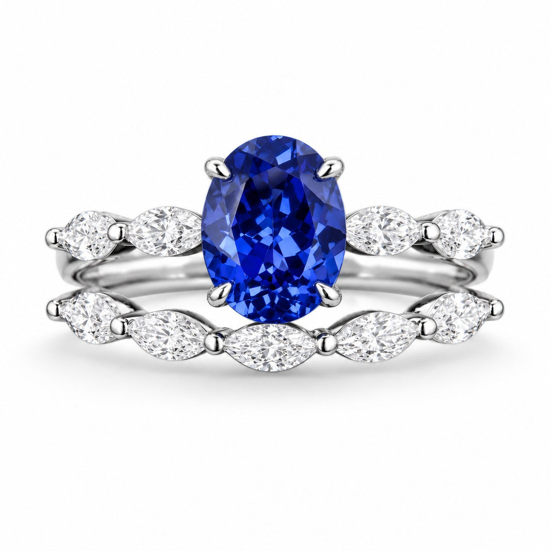 The Maeve Set — Blue Oval Sapphire 5-Stone Ring with Marquise Stacking Band in 14K white gold, front view