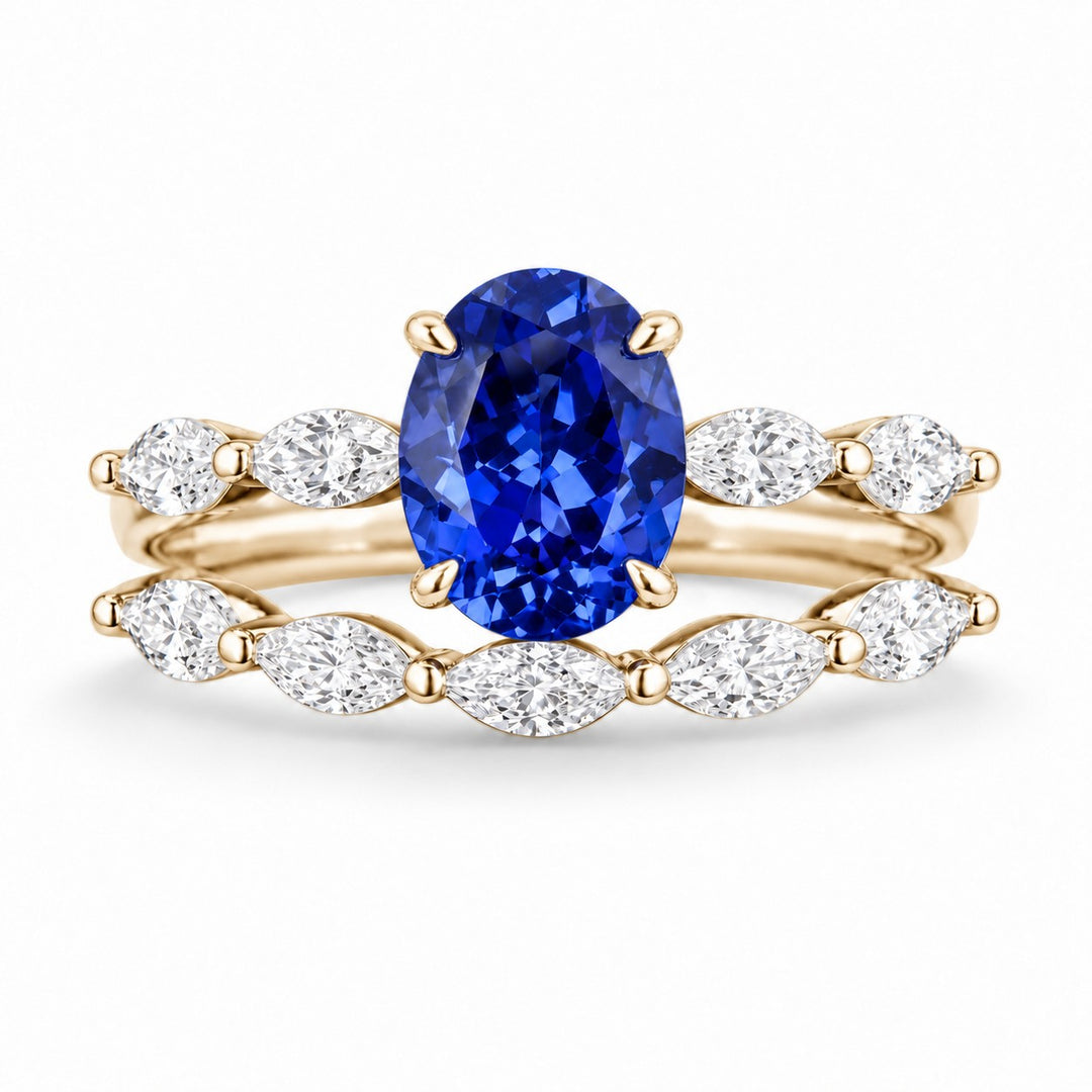 The Maeve Set — Blue Oval Sapphire 5-Stone Ring with Marquise Stacking Band in 14K yellow gold, front view