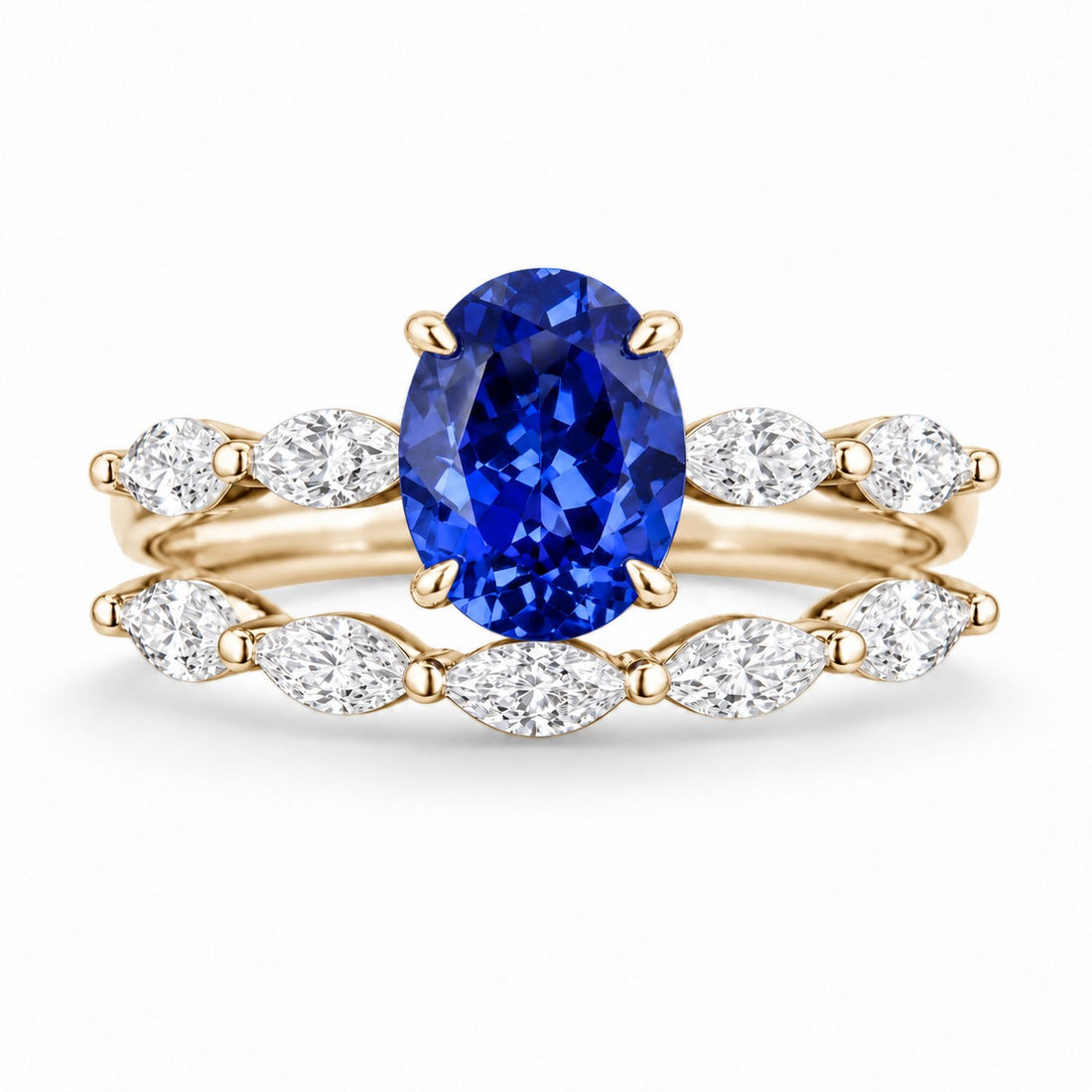 The Maeve Set — Blue Oval Sapphire 5-Stone Ring with Marquise Stacking Band in 14K yellow gold, front view