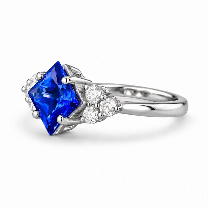 The Vesper princess lab sapphire ring in platinum, angled view