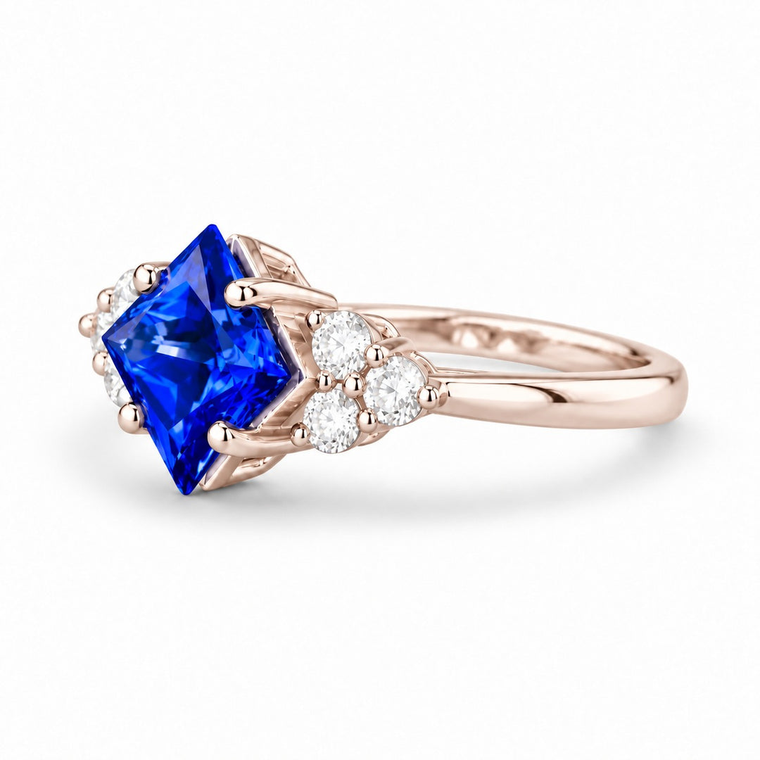 The Vesper princess lab sapphire ring in 14K rose gold, angled view