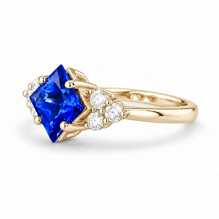The Vesper princess lab sapphire ring in 14K yellow gold, angled view