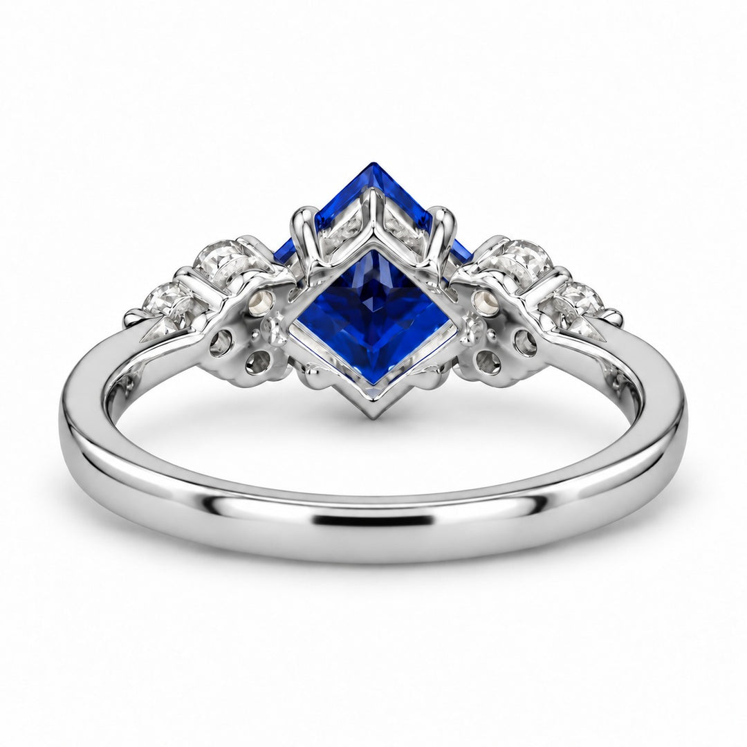 The Vesper princess lab sapphire ring in platinum, back view