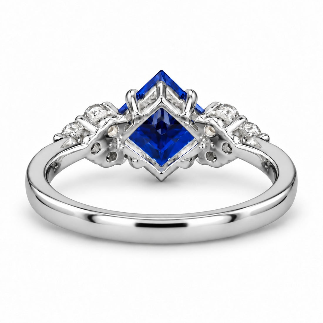 The Vesper princess lab sapphire ring in platinum, back view