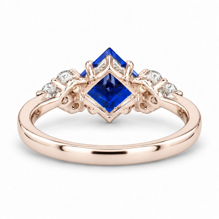 The Vesper princess lab sapphire ring in 14K rose gold, back view