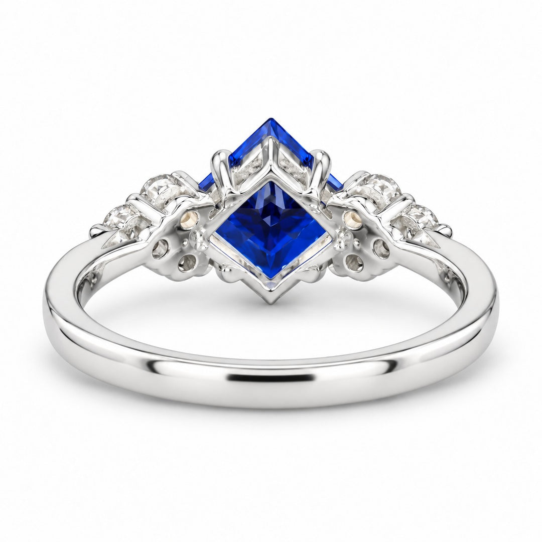 The Vesper princess lab sapphire ring in 14K white gold, back view