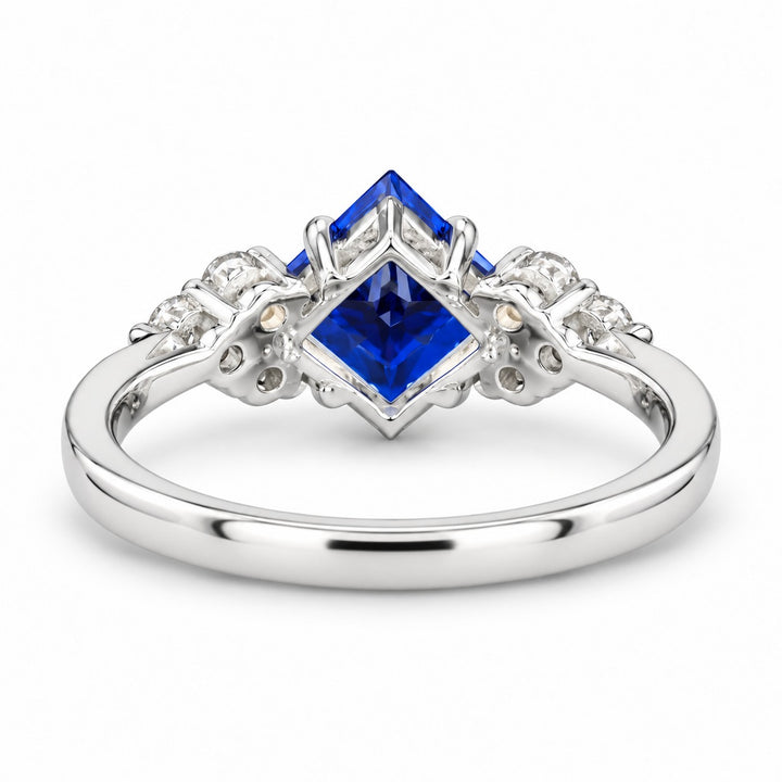 The Vesper princess lab sapphire ring in 14K white gold, back view