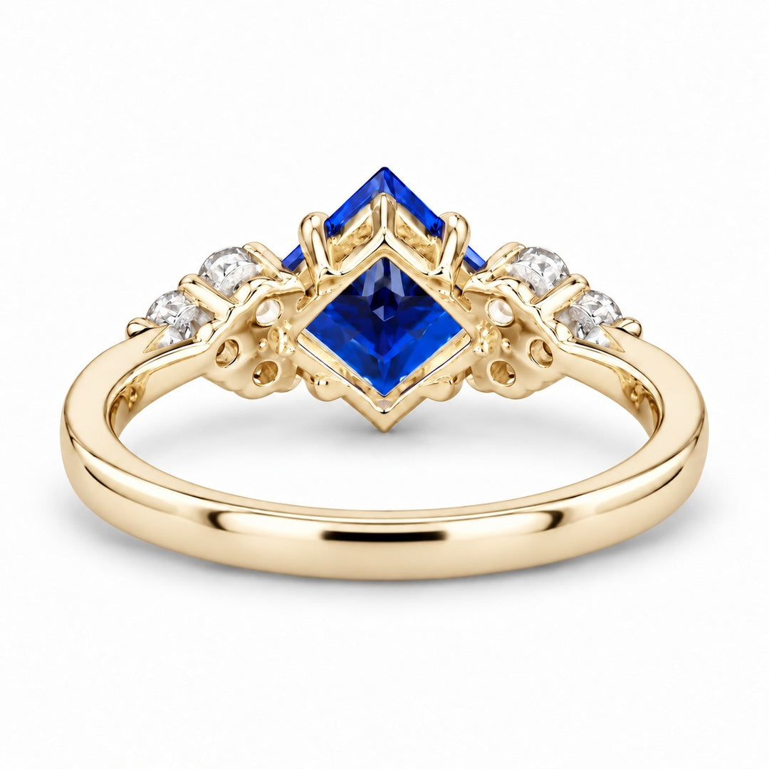 The Vesper princess lab sapphire ring in 14K yellow gold, back view