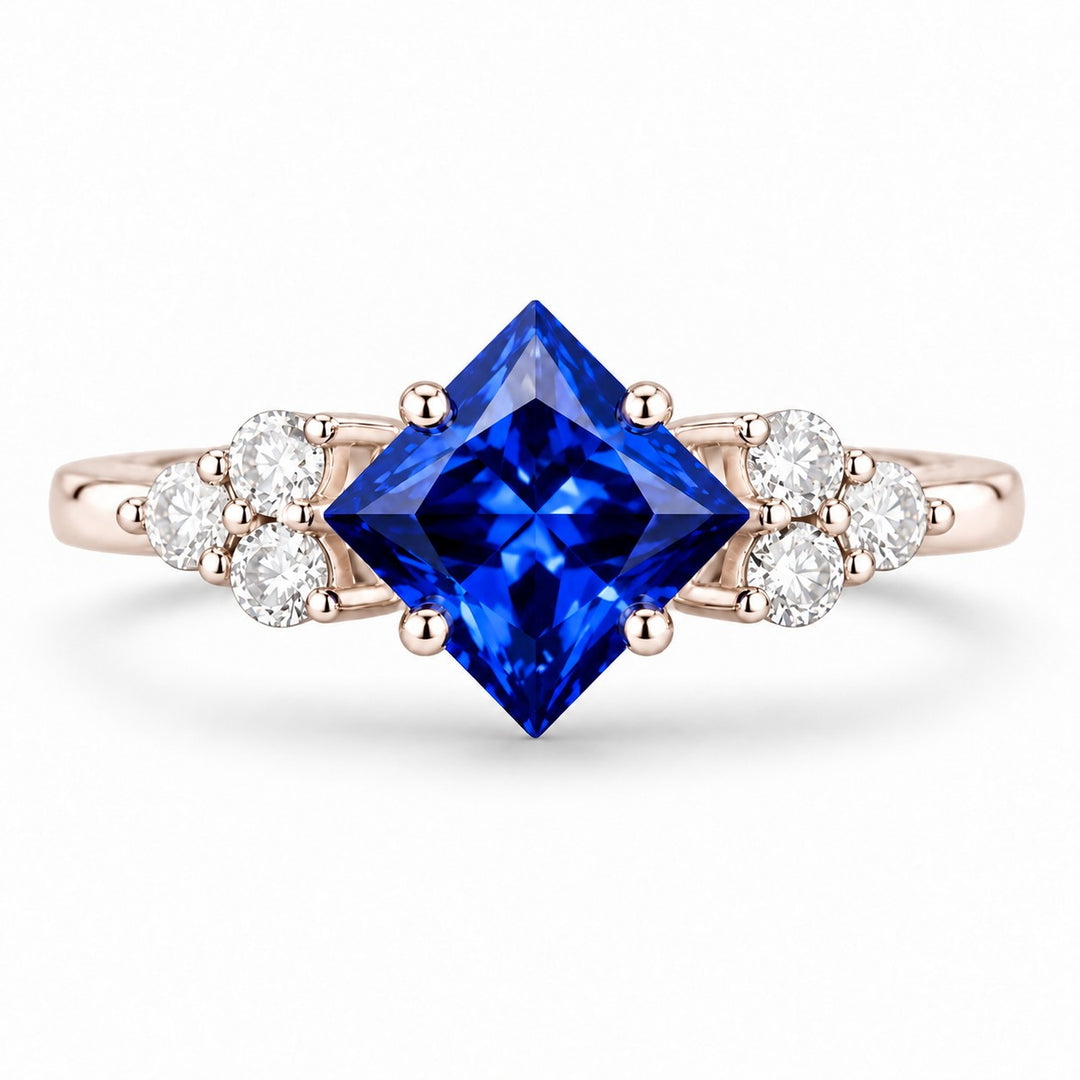 The Vesper — Blue Princess Sapphire with Diamond Accents Ring in 14K rose gold, front view