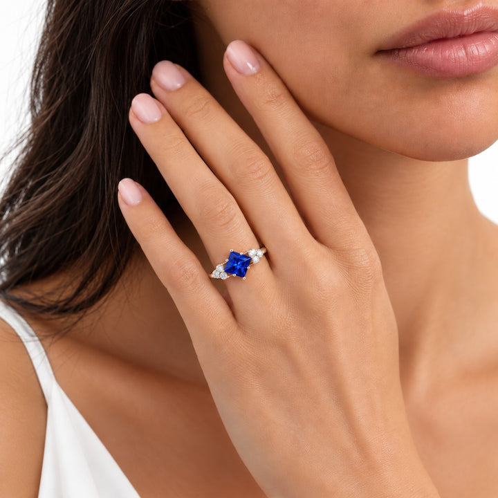 The Vesper princess lab sapphire ring in 14K rose gold, worn on hand