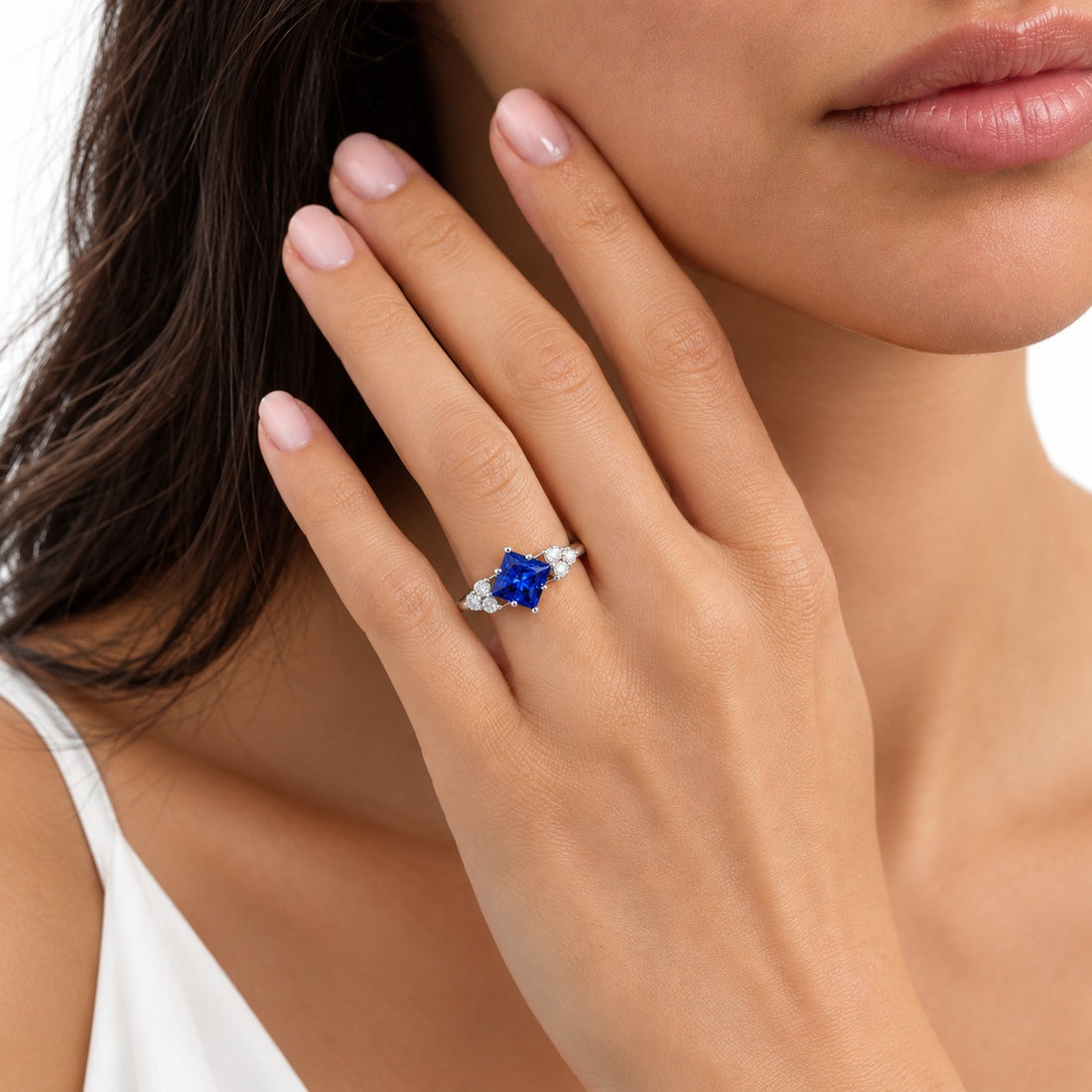 The Vesper princess lab sapphire ring in 14K white gold, worn on hand