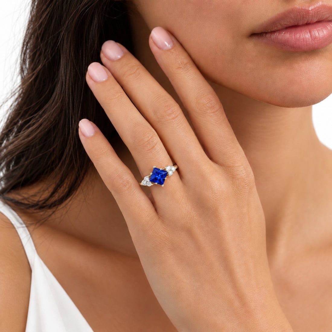 The Vesper princess lab sapphire ring in 14K yellow gold, worn on hand