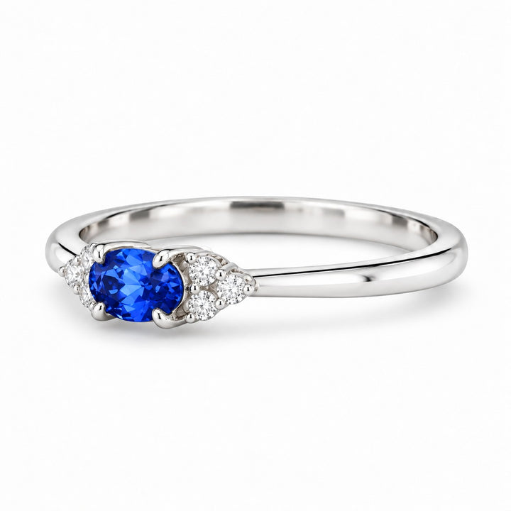 The Wren east-west oval blue sapphire ring in 14K white gold, angled view