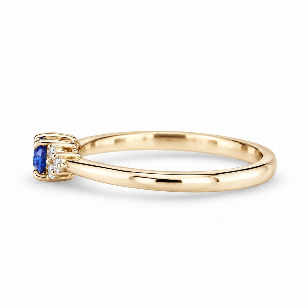 The Wren east-west oval blue sapphire ring in 14K yellow gold, side view