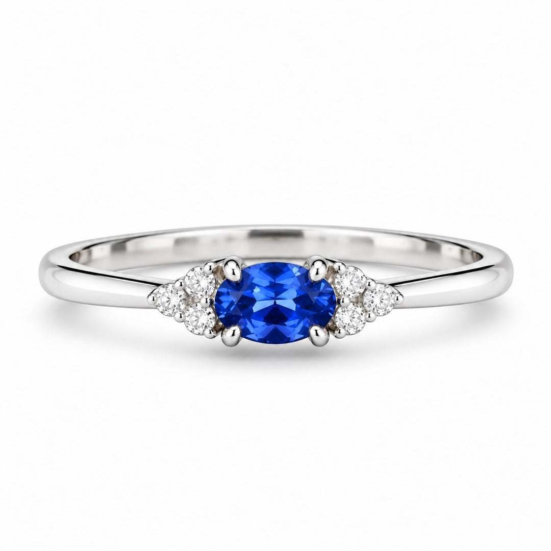 The Wren — Blue Oval Sapphire with Diamond Accents Ring in 14K white gold, front view