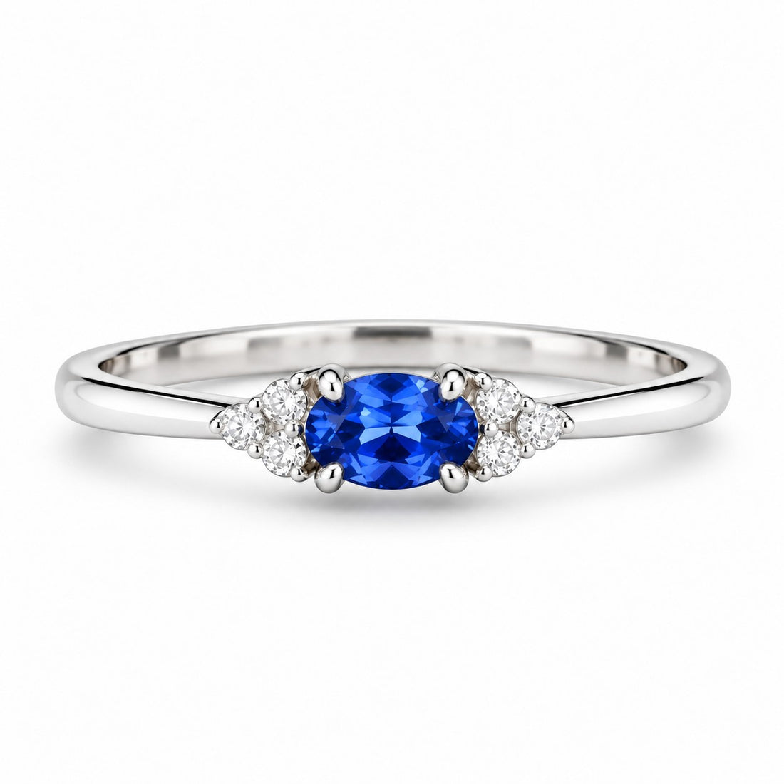 The Wren — Blue Oval Sapphire with Diamond Accents Ring in 14K white gold, front view