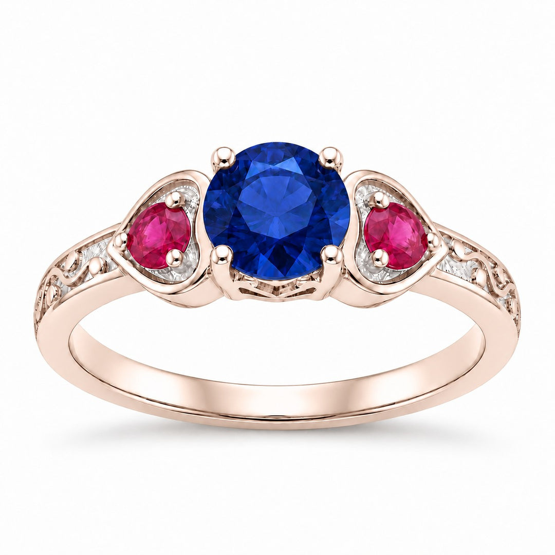 "Sapphire & Ruby" Three-Stone Ring in rose gold, front view