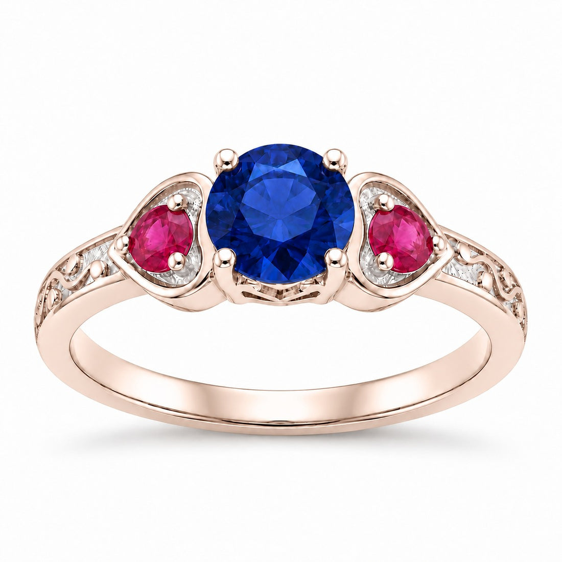 "Sapphire & Ruby" Three-Stone Ring in rose gold, front view