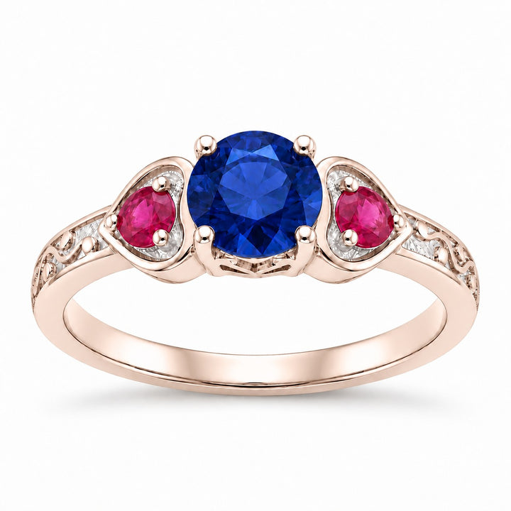 "Sapphire & Ruby" Three-Stone Ring in rose gold, front view