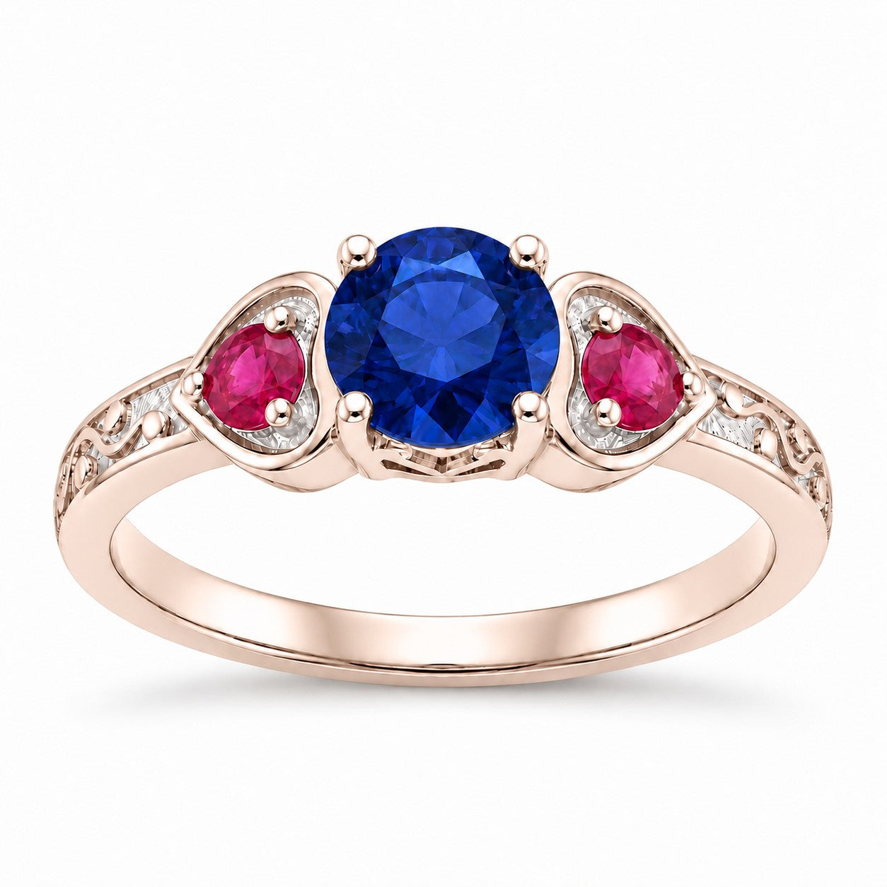 "Sapphire & Ruby" Three-Stone Ring: the heart frames and engraved vine