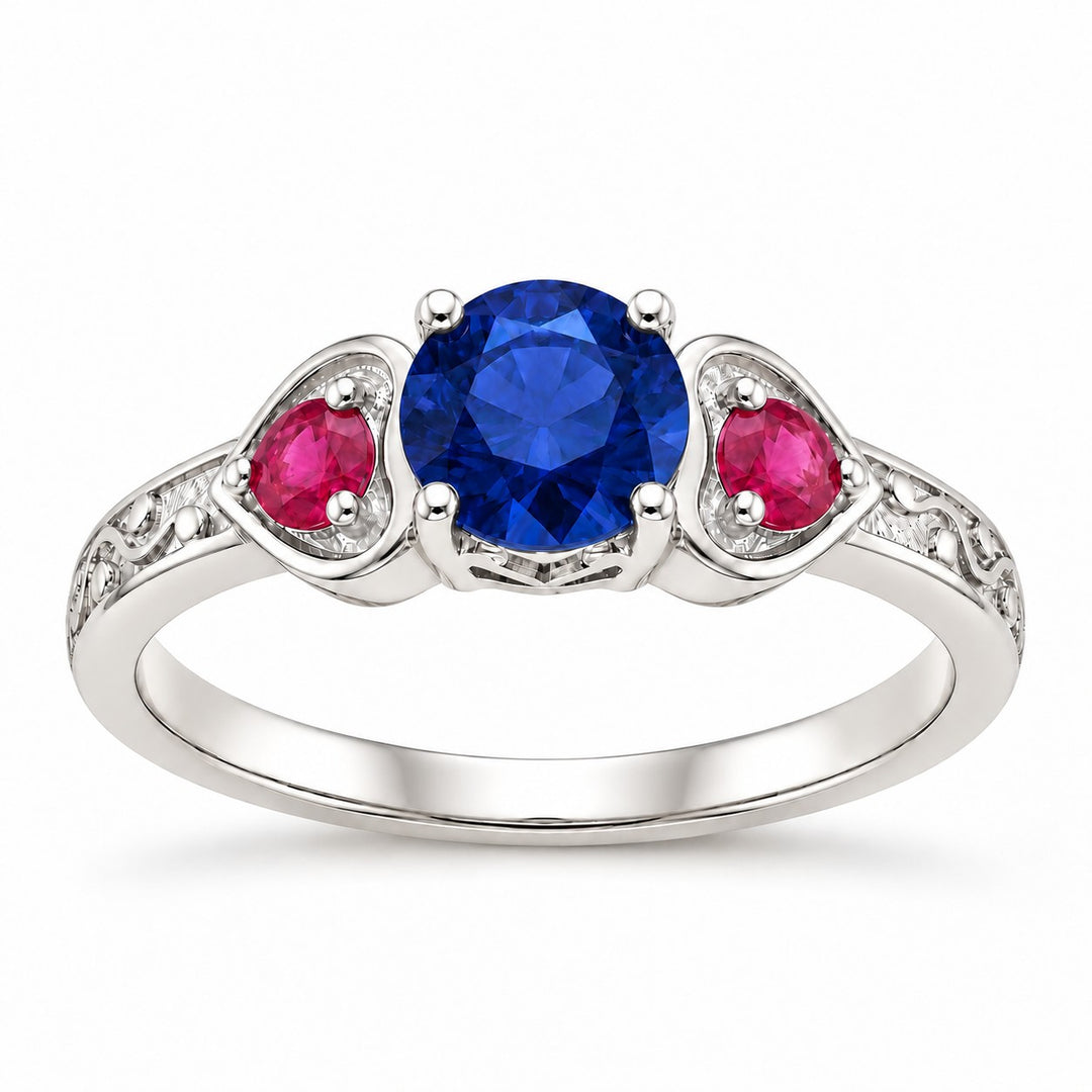 "Sapphire & Ruby" Three-Stone Ring in sterling silver, front view