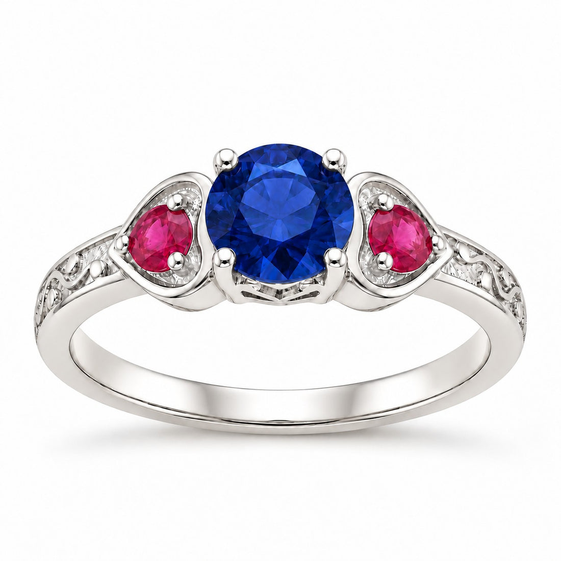 "Sapphire & Ruby" Three-Stone Ring in sterling silver, front view