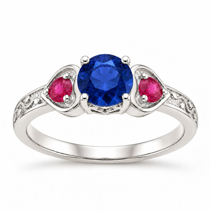 "Sapphire & Ruby" Three-Stone Ring in sterling silver, front view