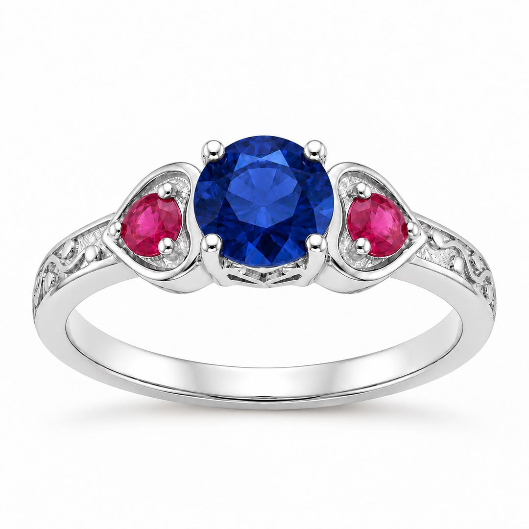 "Sapphire & Ruby" Three-Stone Ring in white gold, front view