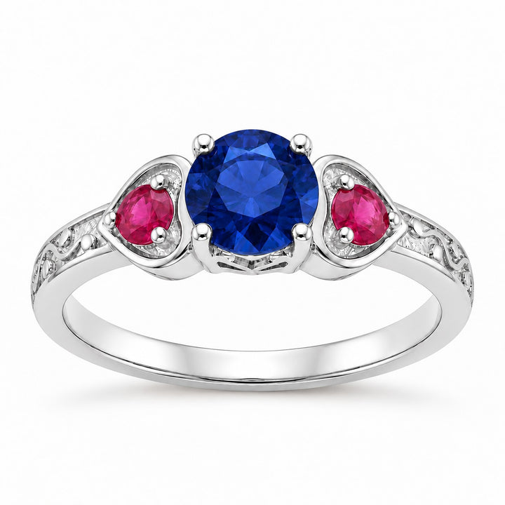 "Sapphire & Ruby" Three-Stone Ring in white gold, front view