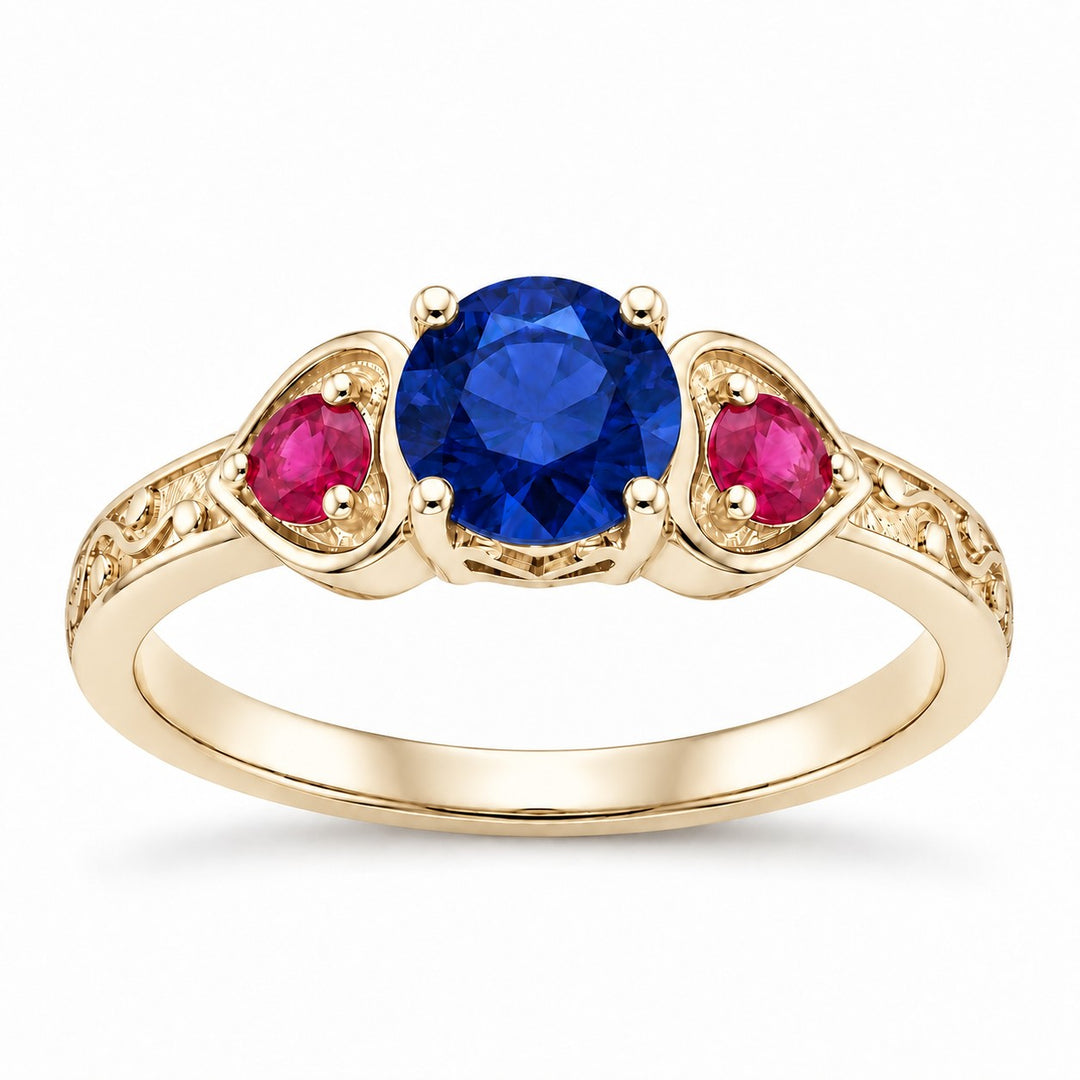 "Sapphire & Ruby" Three-Stone Ring in yellow gold, front view