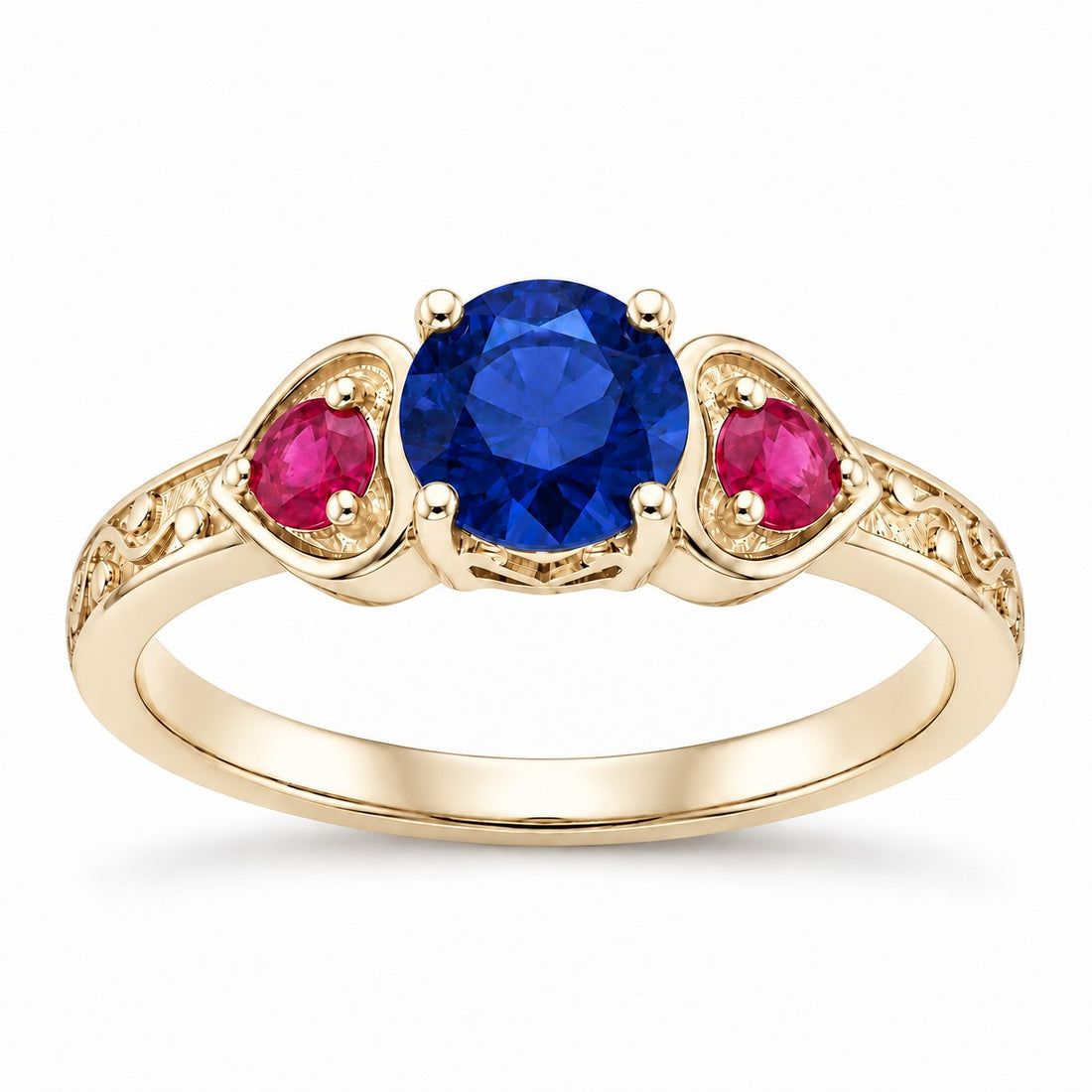 "Sapphire & Ruby" Three-Stone Ring in yellow gold, front view
