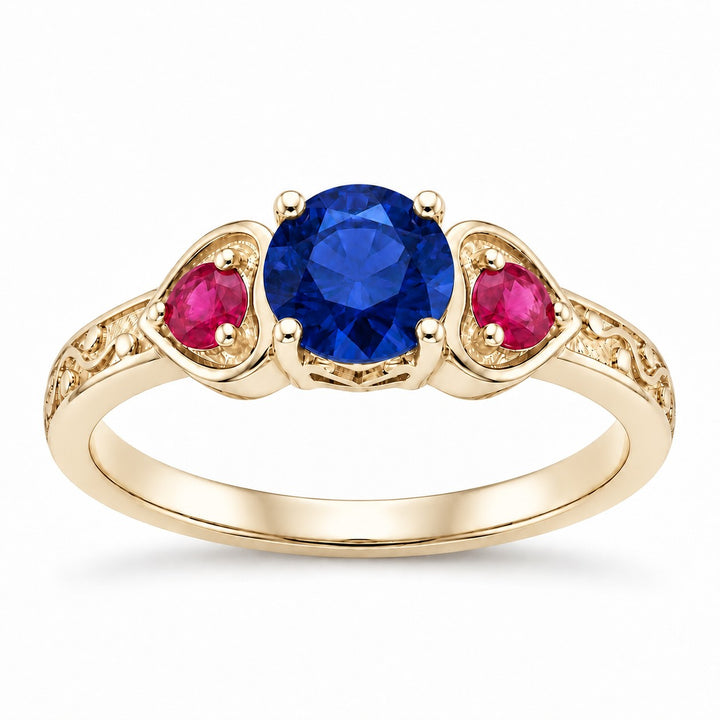 "Sapphire & Ruby" Three-Stone Ring in yellow gold, front view