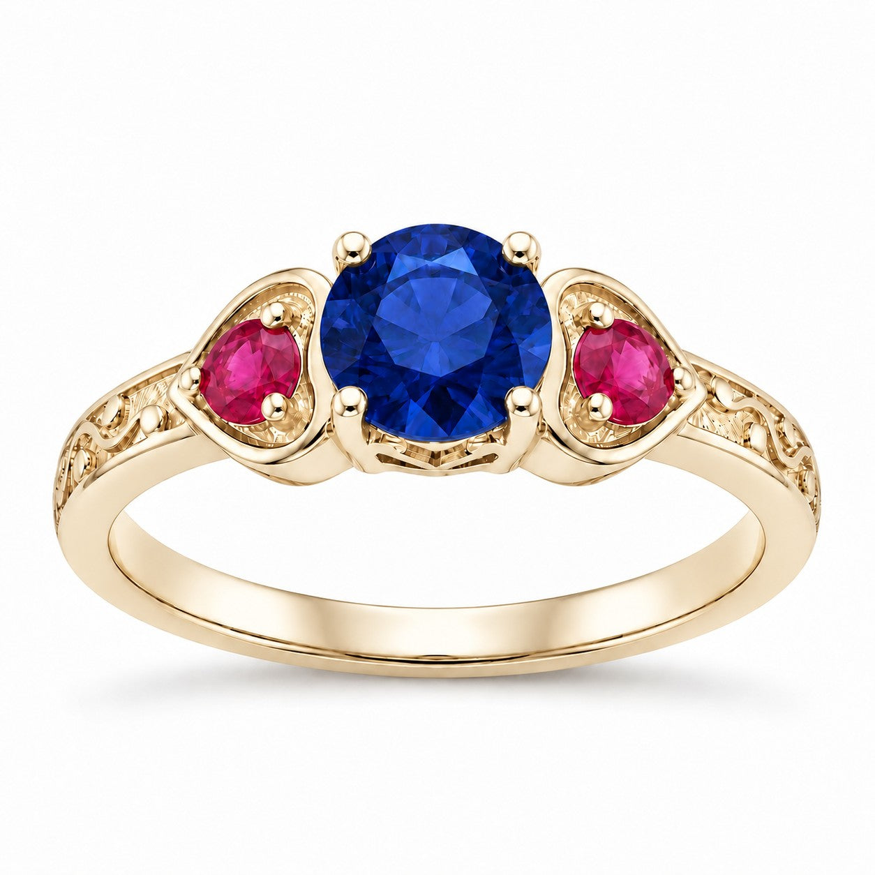 "Sapphire & Ruby" Three-Stone Ring: the heart frames and engraved vine