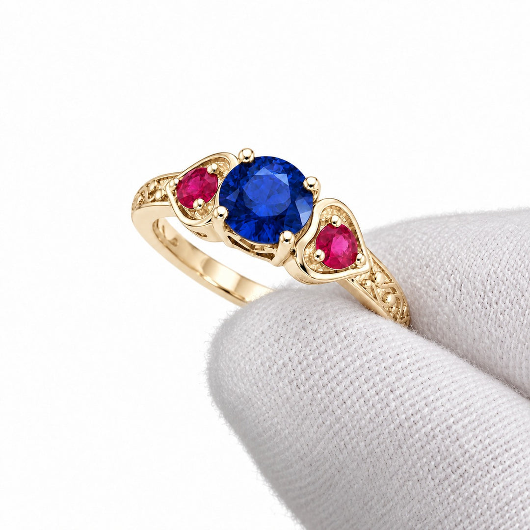 Sapphire and ruby three-stone ring with leaf band in 14K yellow gold, angled view