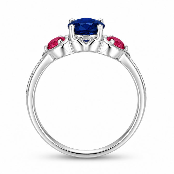 Sapphire and ruby three-stone ring with leaf band in 14K white gold, profile view