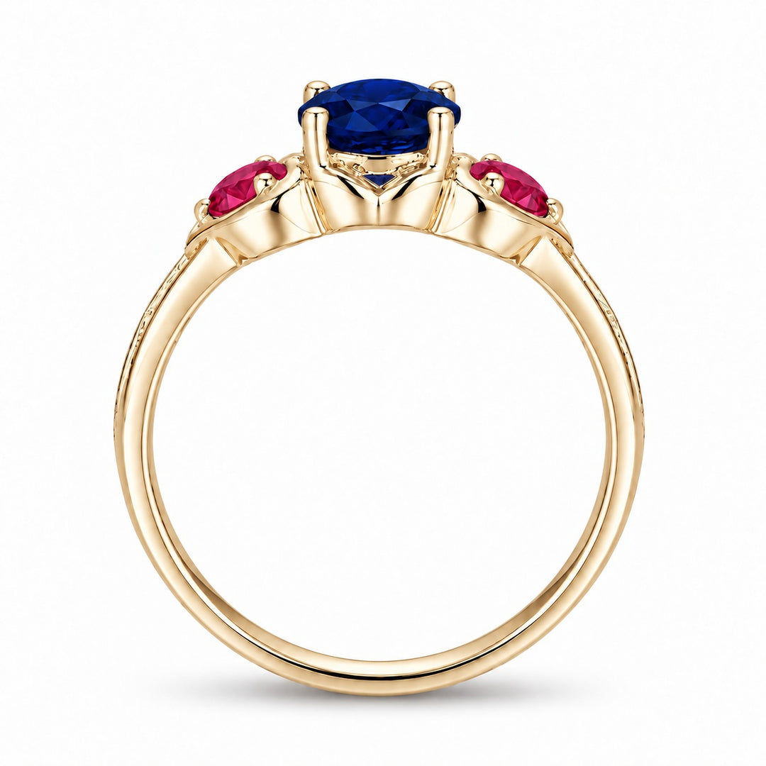 Sapphire and ruby three-stone ring with leaf band in 14K yellow gold, profile view